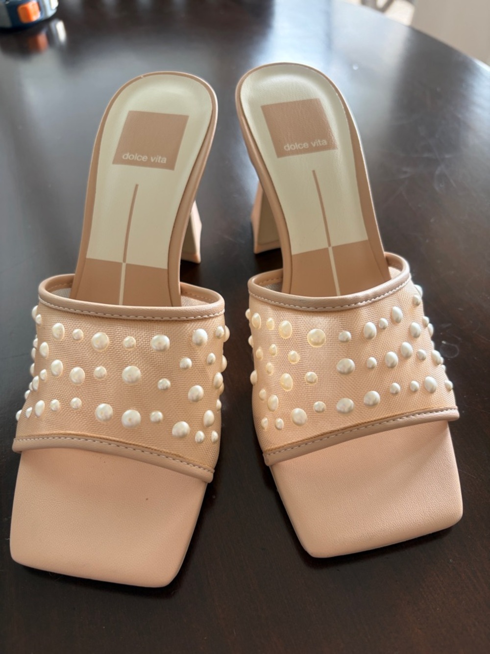 Dolce Vita “Narda” Pearl-Studded Blush Slip-On Mules